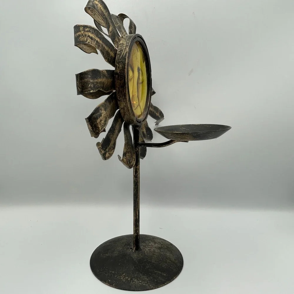 Celestial Sun 90s Y2K Face Metal Bronze Candle Holder Stand Amber Glass Zodiac